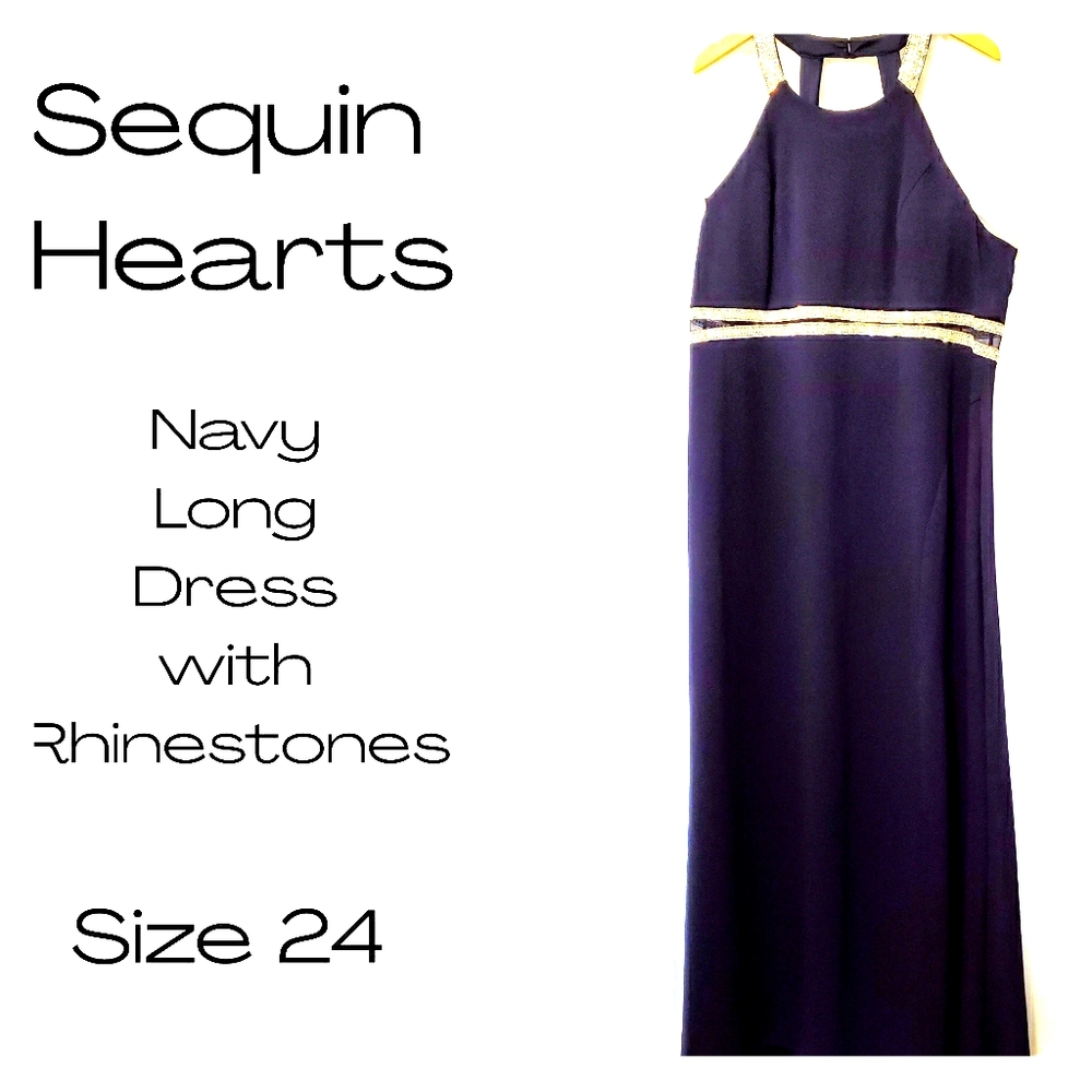 Sequin Hearts navy rhinestone long dress, sz 24